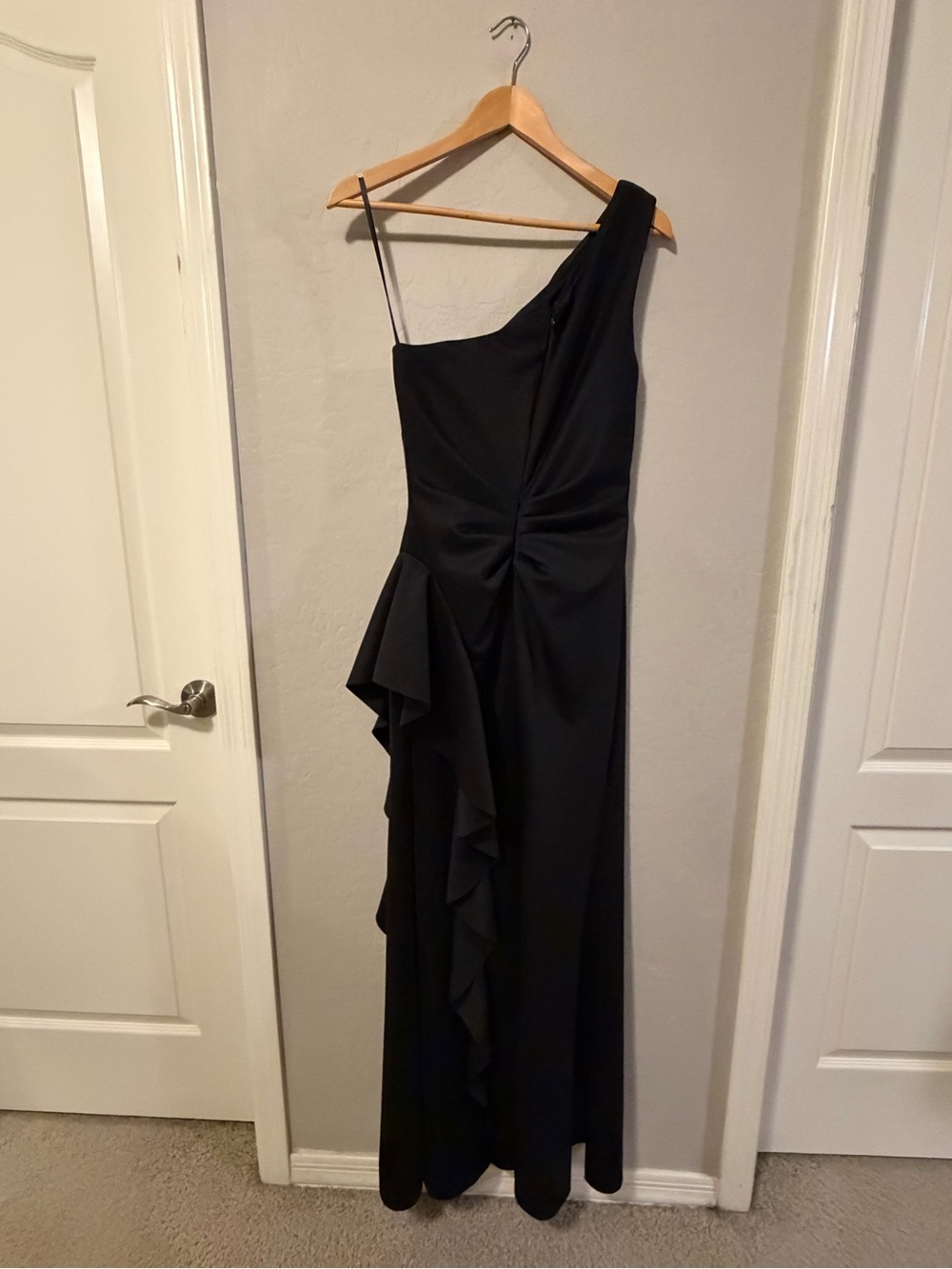 Xscape One-Shoulder Black Ruffle Gown